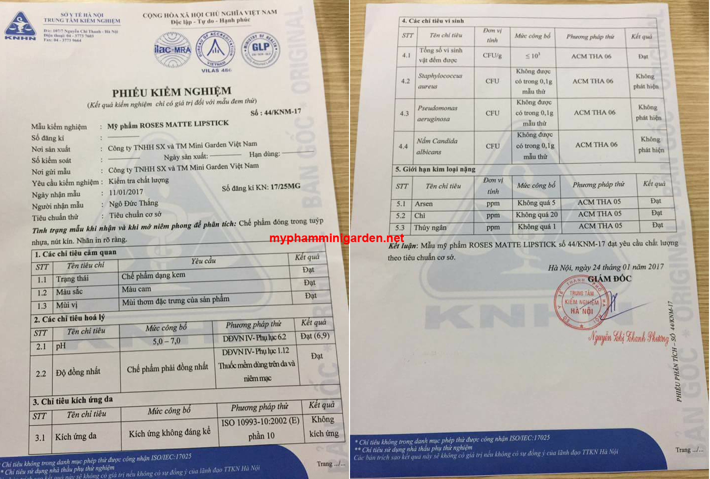 Phiếu kiểm nghiệm Son Roses